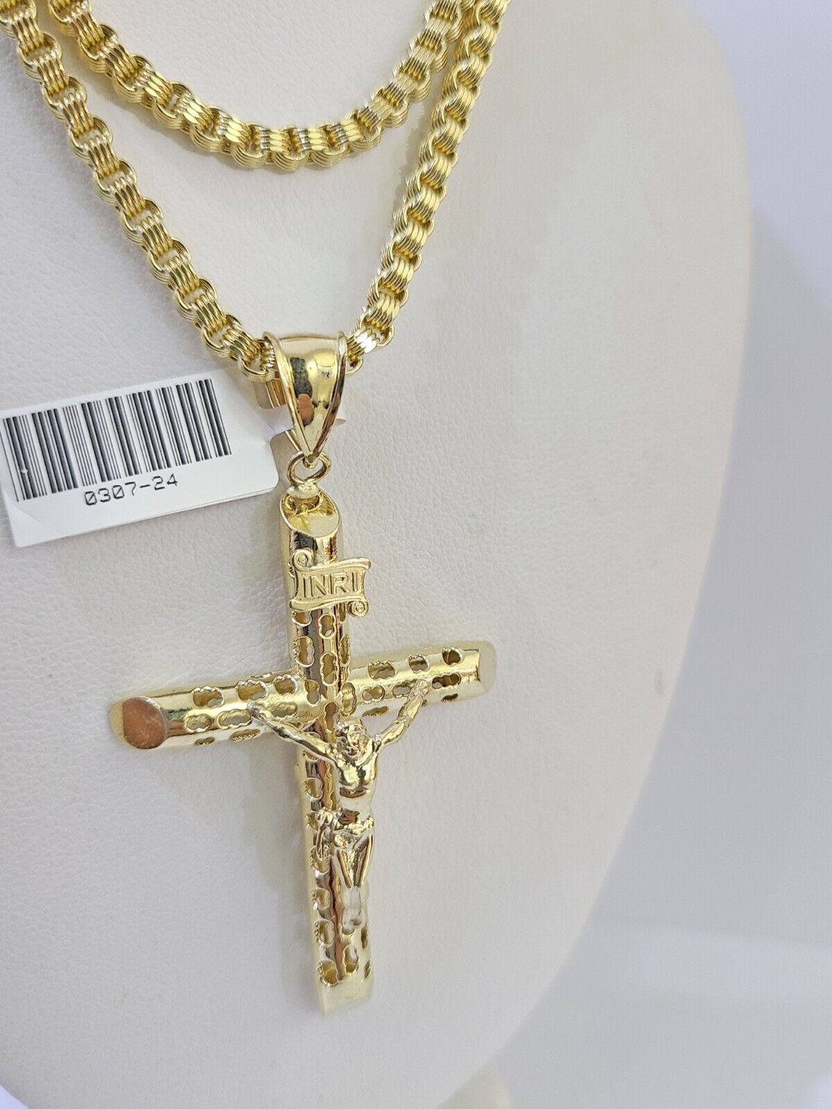 10k Gold Byzantine Necklace INRI Jesus Cross Charm 18 - 26 inches 3mm SET Chain - GoldenlinQ