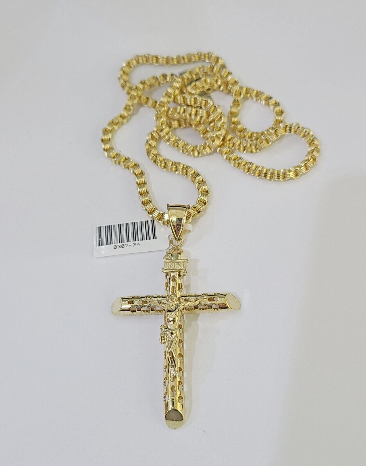 10k Gold Byzantine Necklace INRI Jesus Cross Charm 18 - 26 inches 3mm SET Chain - GoldenlinQ