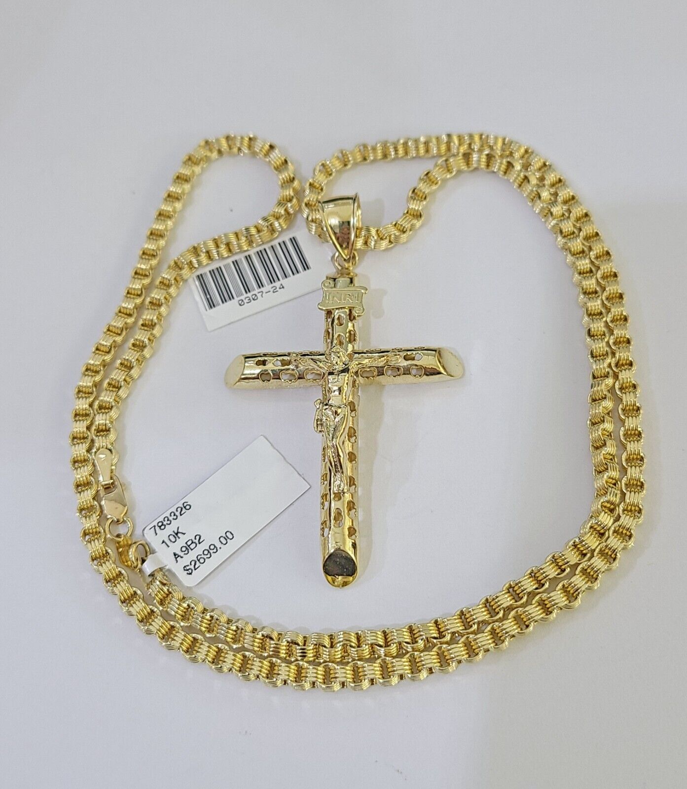 10k Gold Byzantine Necklace INRI Jesus Cross Charm 18 - 26 inches 3mm SET Chain - GoldenlinQ