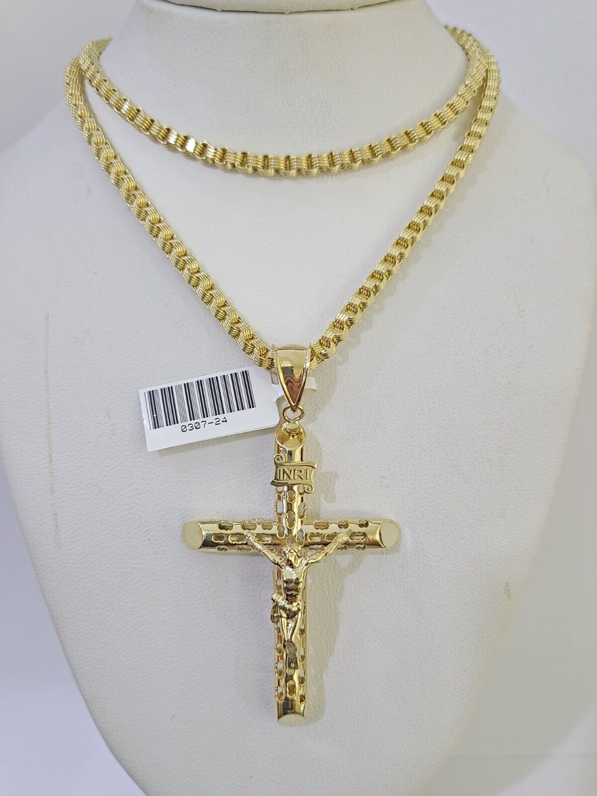10k Gold Byzantine Necklace INRI Jesus Cross Charm 18 - 26 inches 3mm SET Chain - GoldenlinQ
