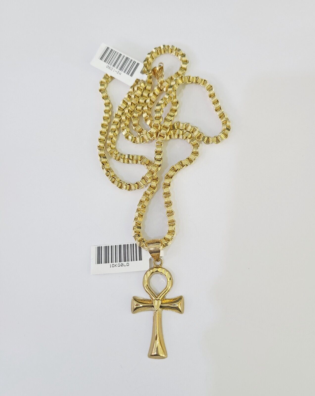 10k Gold Byzantine Necklace Jesus Ankh Cross Charm 18 - 28 inch 3mm SET Chain - GoldenlinQ