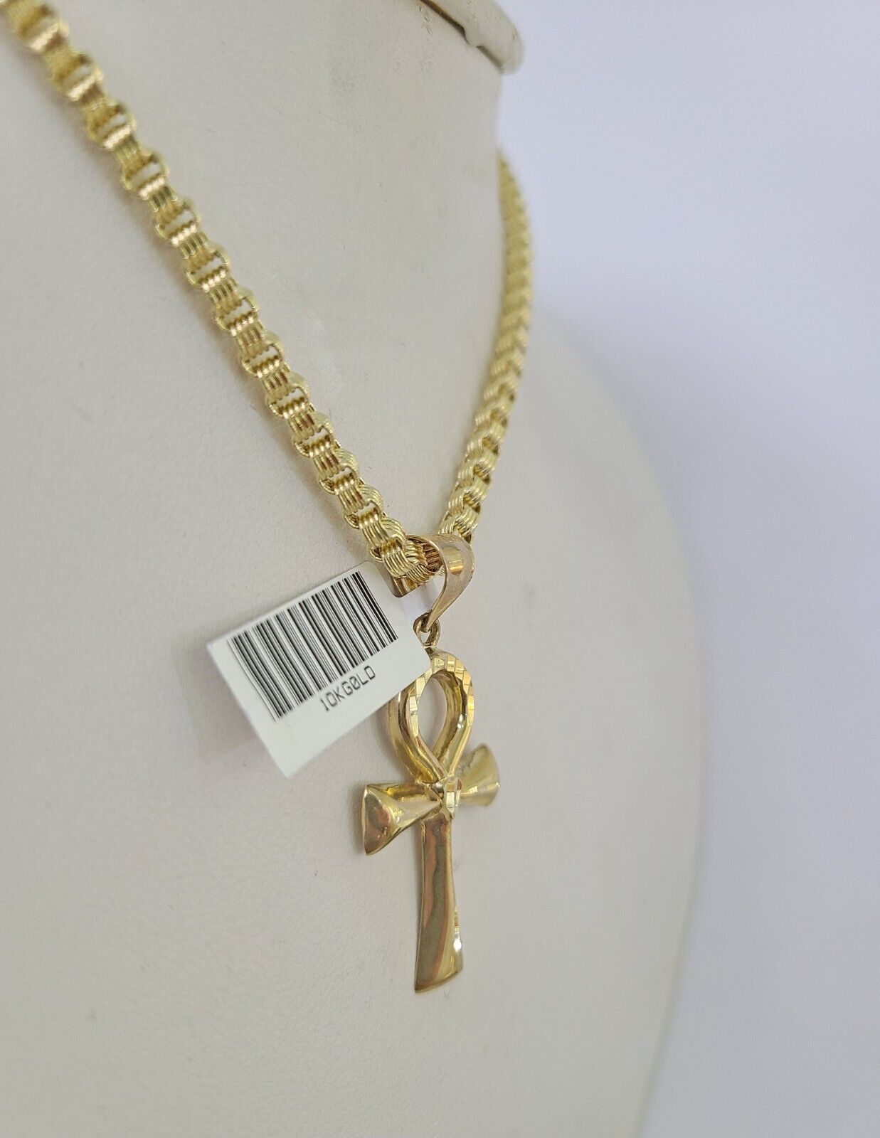 10k Gold Byzantine Necklace Jesus Ankh Cross Charm 18 - 28 inch 3mm SET Chain - GoldenlinQ