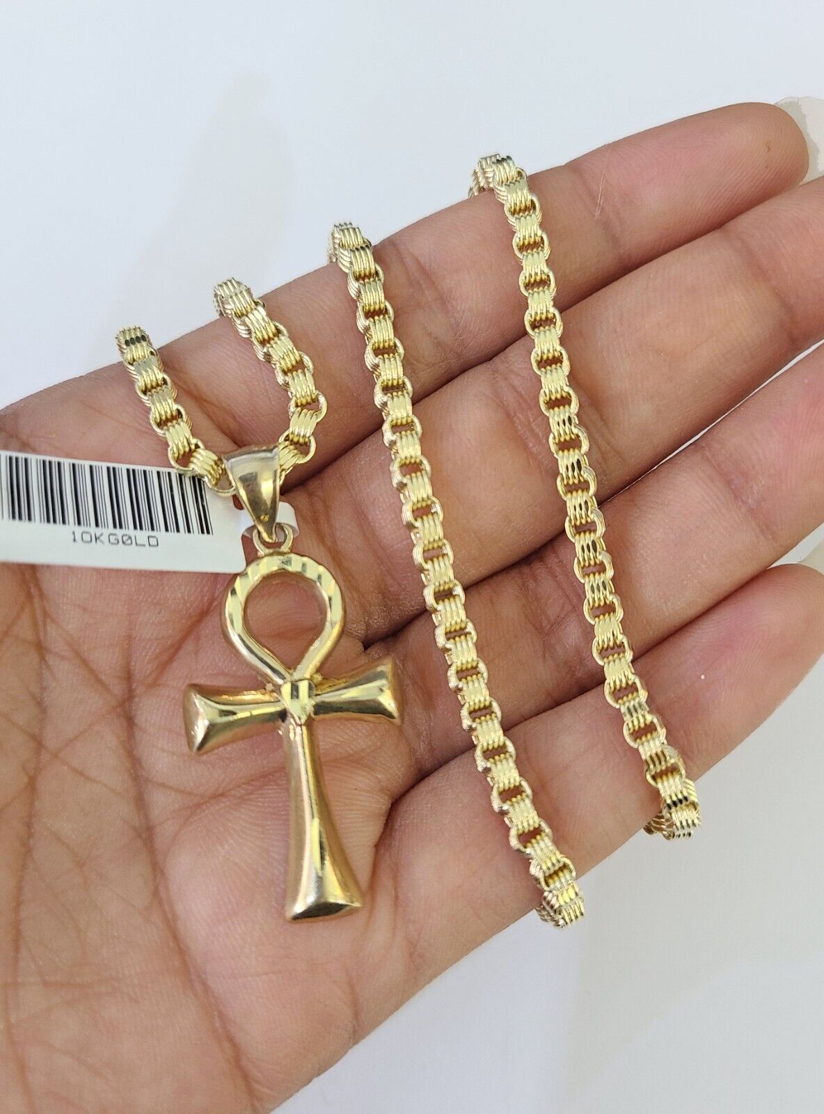 10k Gold Byzantine Necklace Jesus Ankh Cross Charm 18 - 28 inch 3mm SET Chain - GoldenlinQ