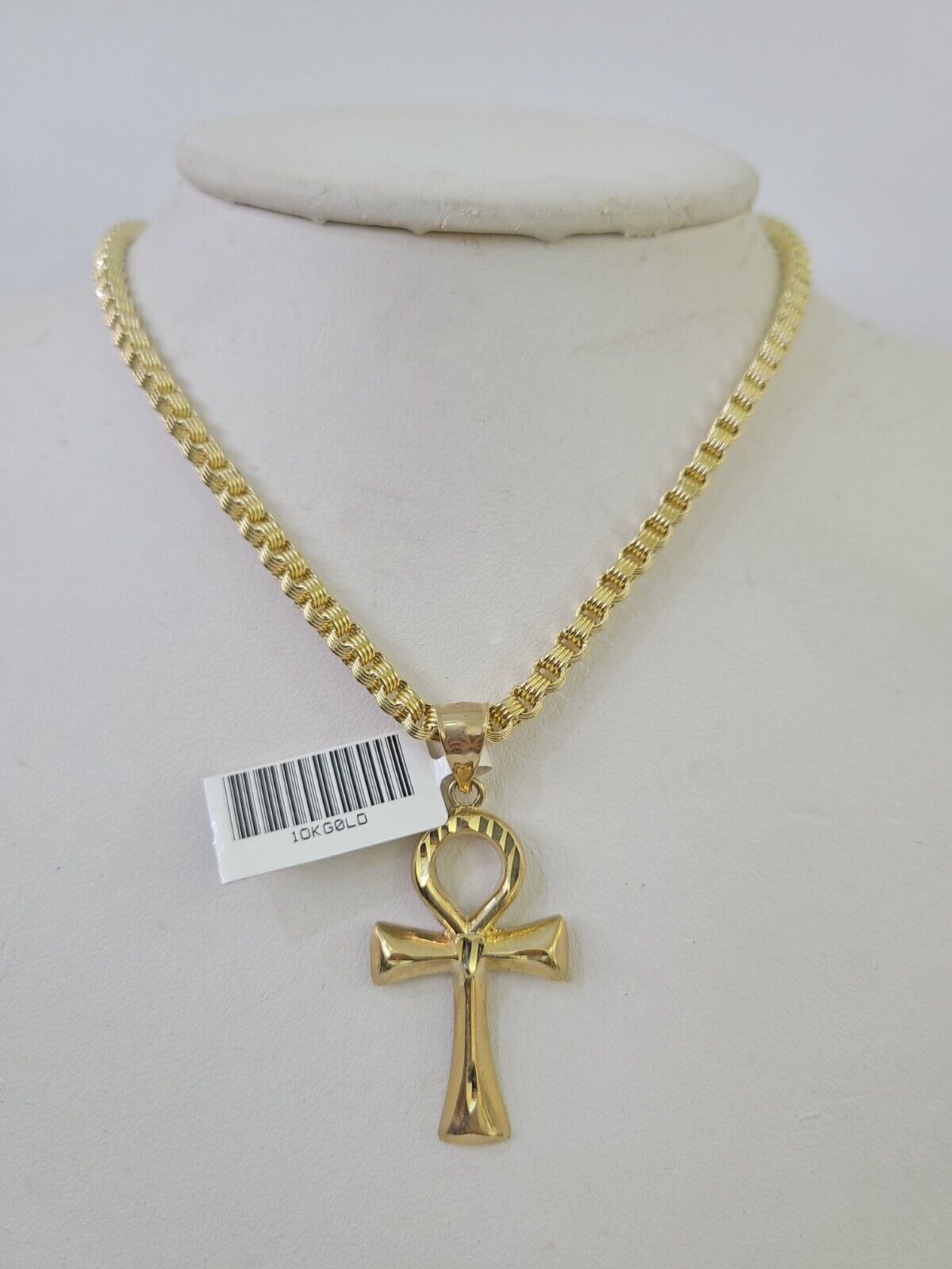 10k Gold Byzantine Necklace Jesus Ankh Cross Charm 18 - 28 inch 3mm SET Chain - GoldenlinQ