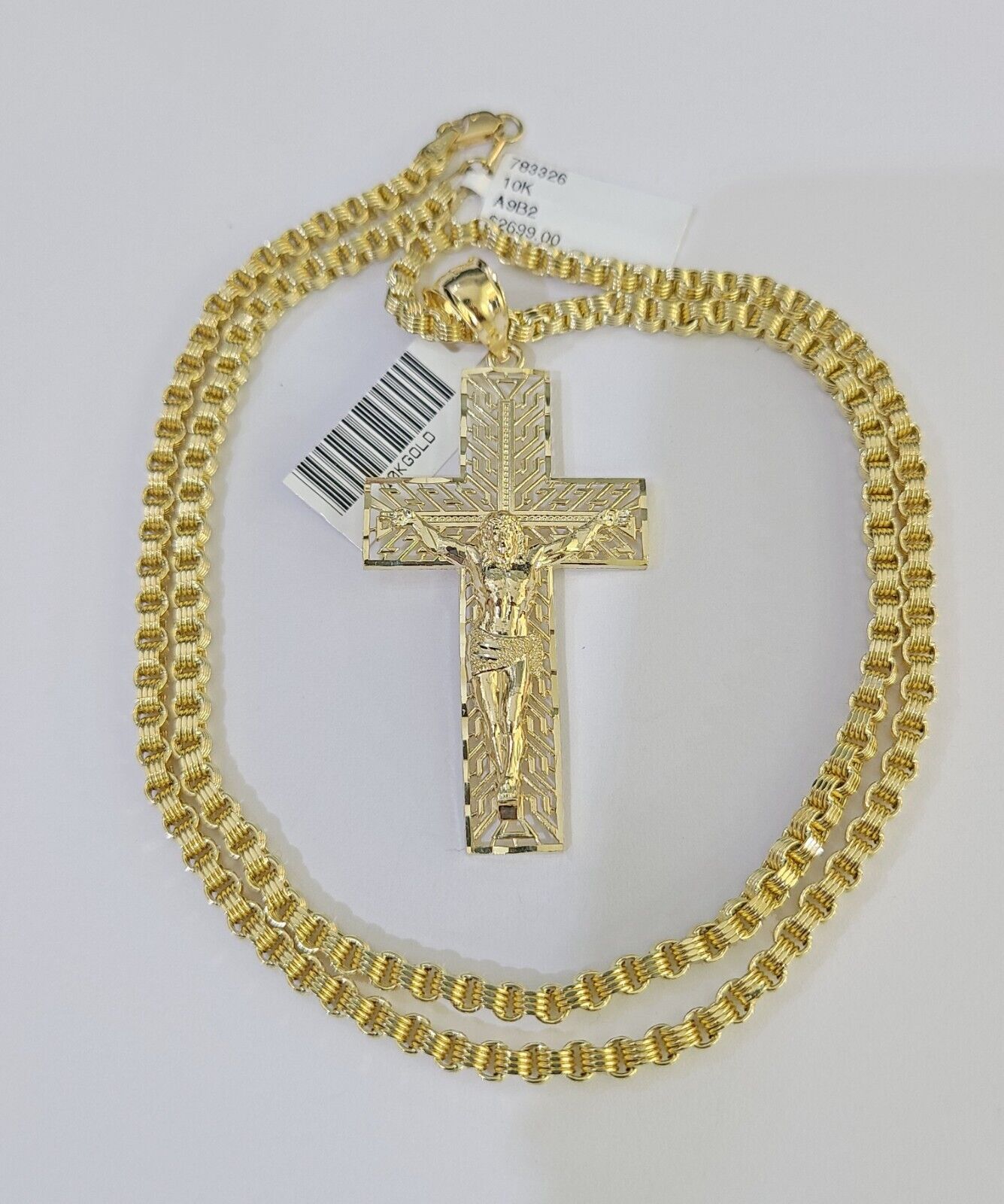 10k Gold Byzantine Necklace Jesus Cross Charm 18 - 26 inches 3mm SET Chain - GoldenlinQ