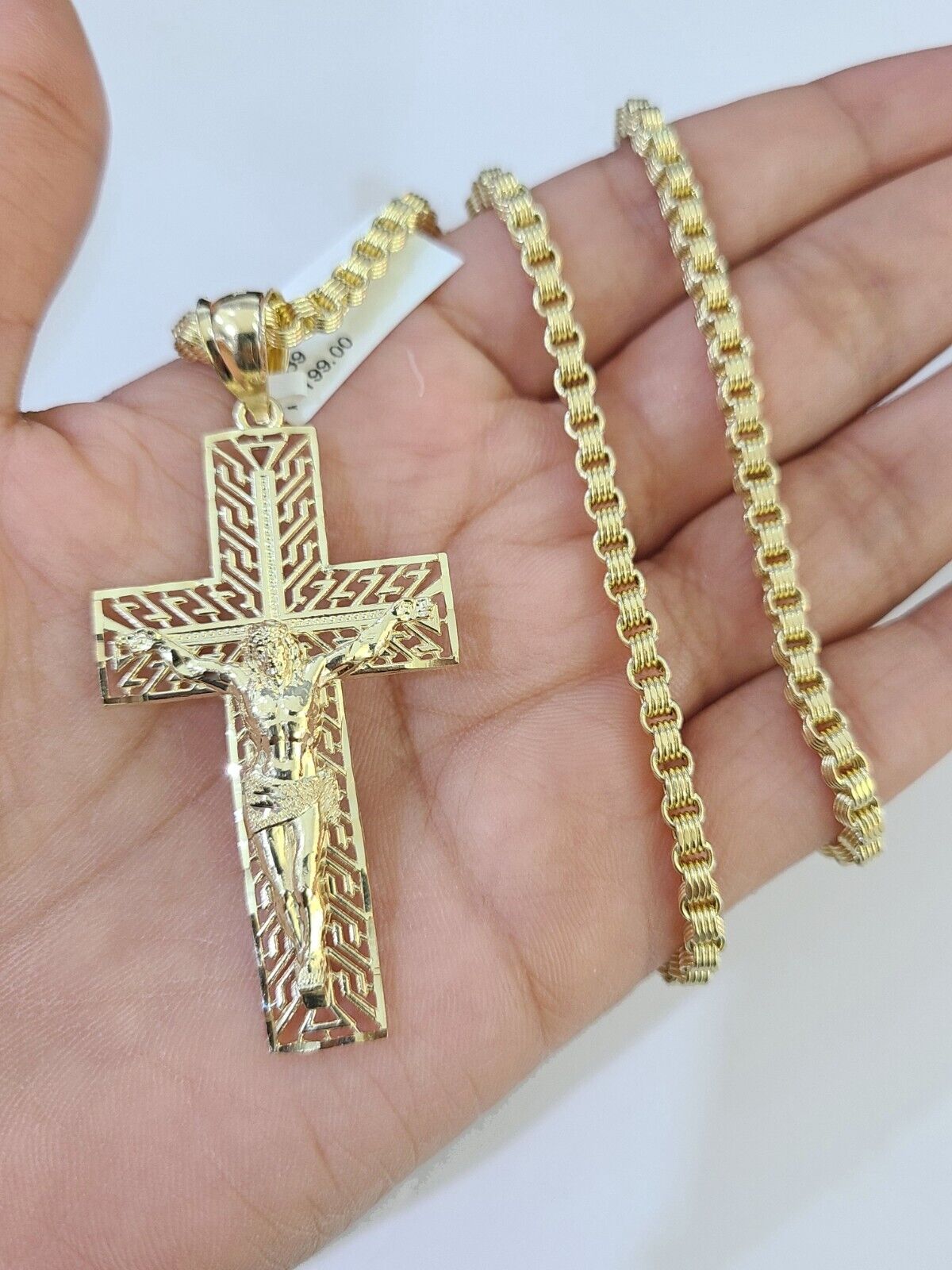 10k Gold Byzantine Necklace Jesus Cross Charm 18 - 26 inches 3mm SET Chain - GoldenlinQ