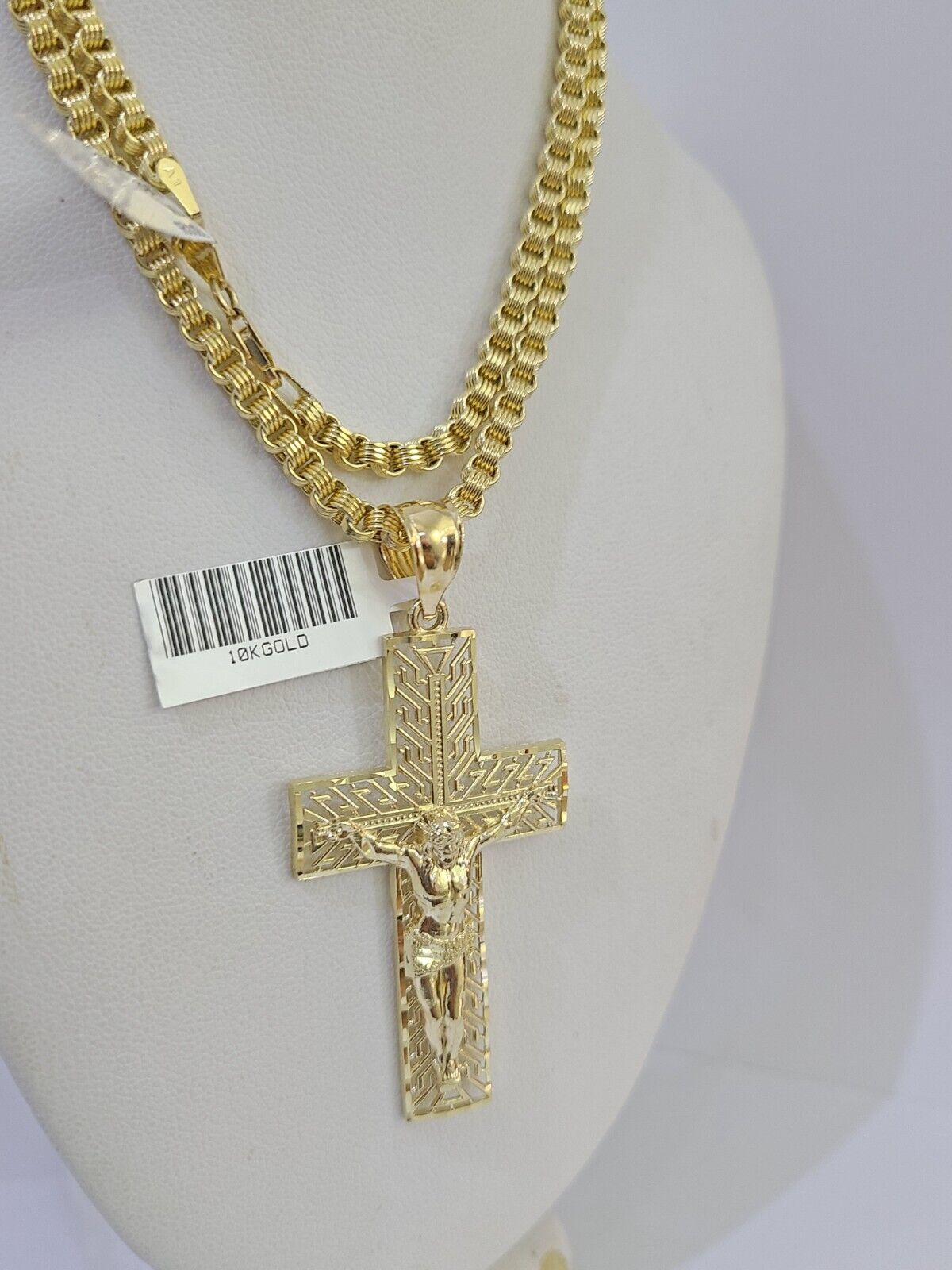 10k Gold Byzantine Necklace Jesus Cross Charm 18 - 26 inches 3mm SET Chain - GoldenlinQ
