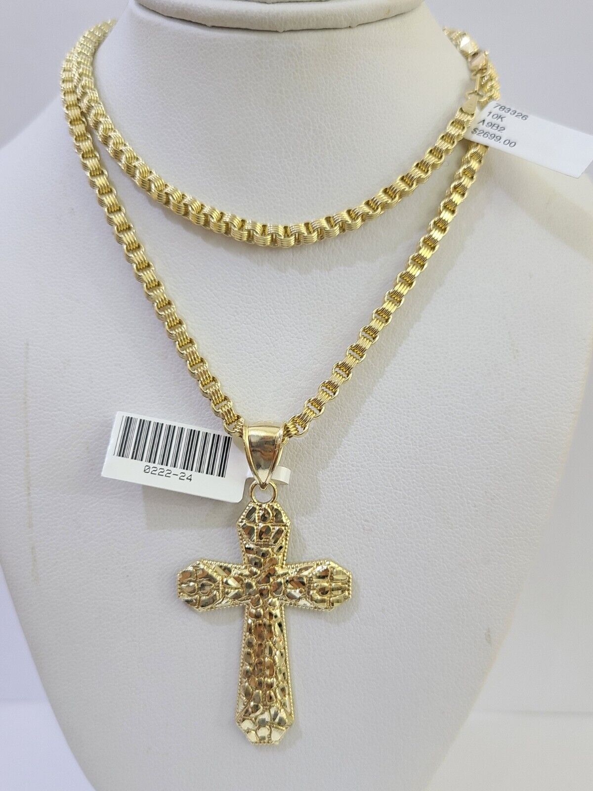 10k Gold Byzantine Necklace Jesus Cross Charm 18 - 26 inches 3mm SET Chain - GoldenlinQ