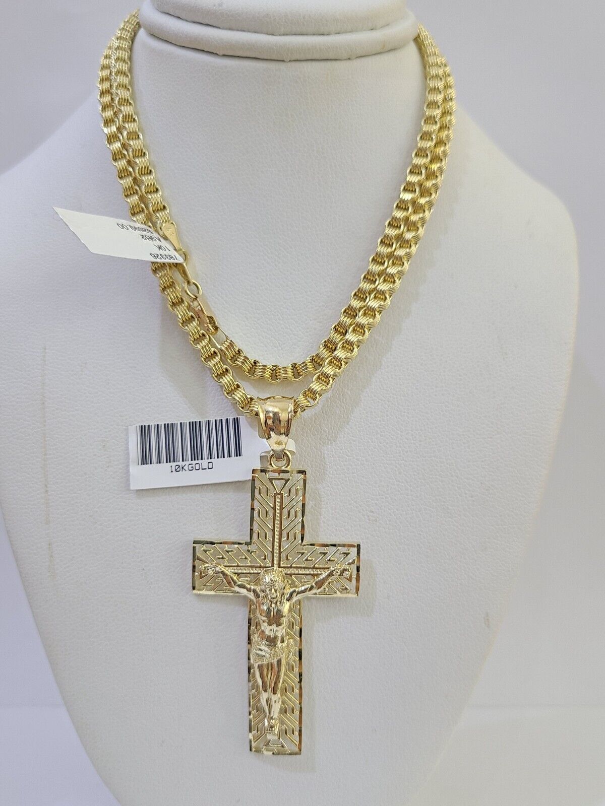 10k Gold Byzantine Necklace Jesus Cross Charm 18 - 26 inches 3mm SET Chain - GoldenlinQ
