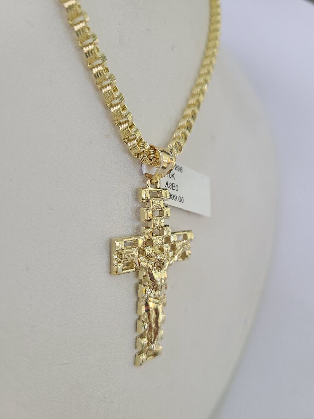 10k Gold Byzantine Necklace Jesus Cross Charm 18 - 28 inch 3mm SET Chain Pendant - GoldenlinQ