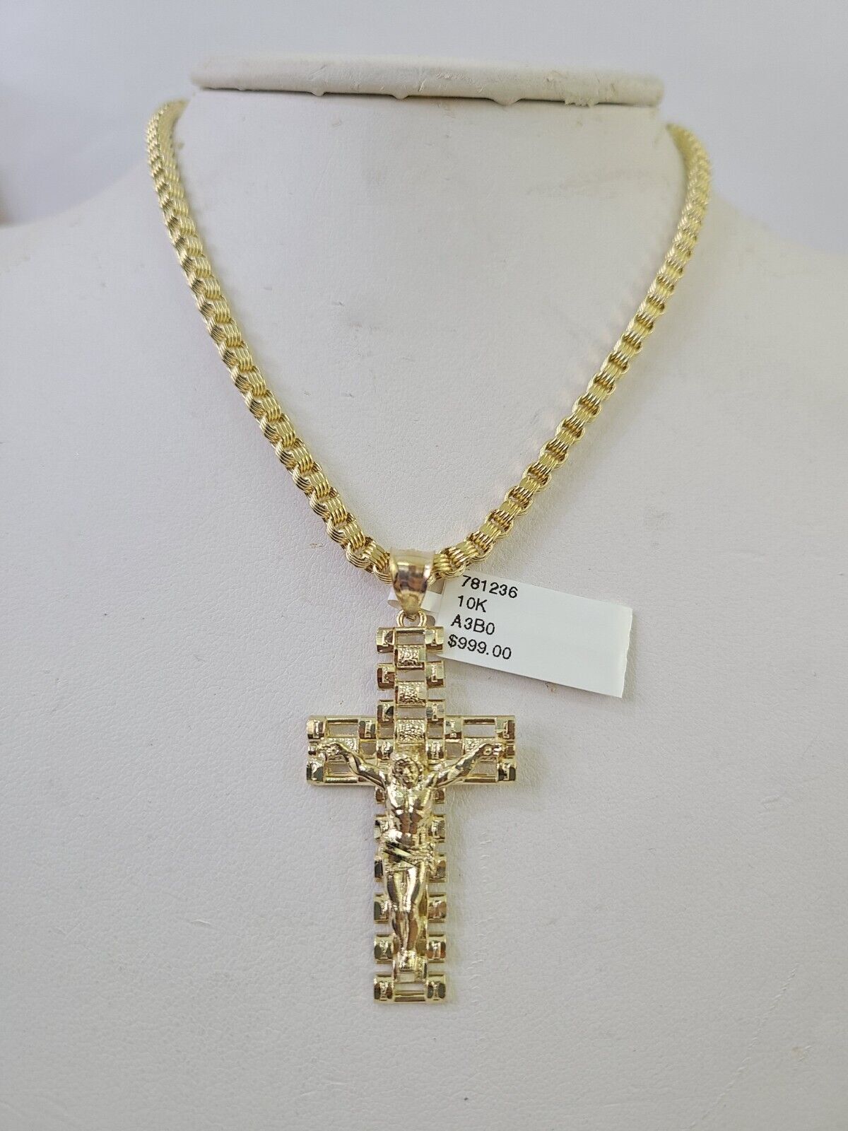 10k Gold Byzantine Necklace Jesus Cross Charm 18 - 28 inch 3mm SET Chain Pendant - GoldenlinQ
