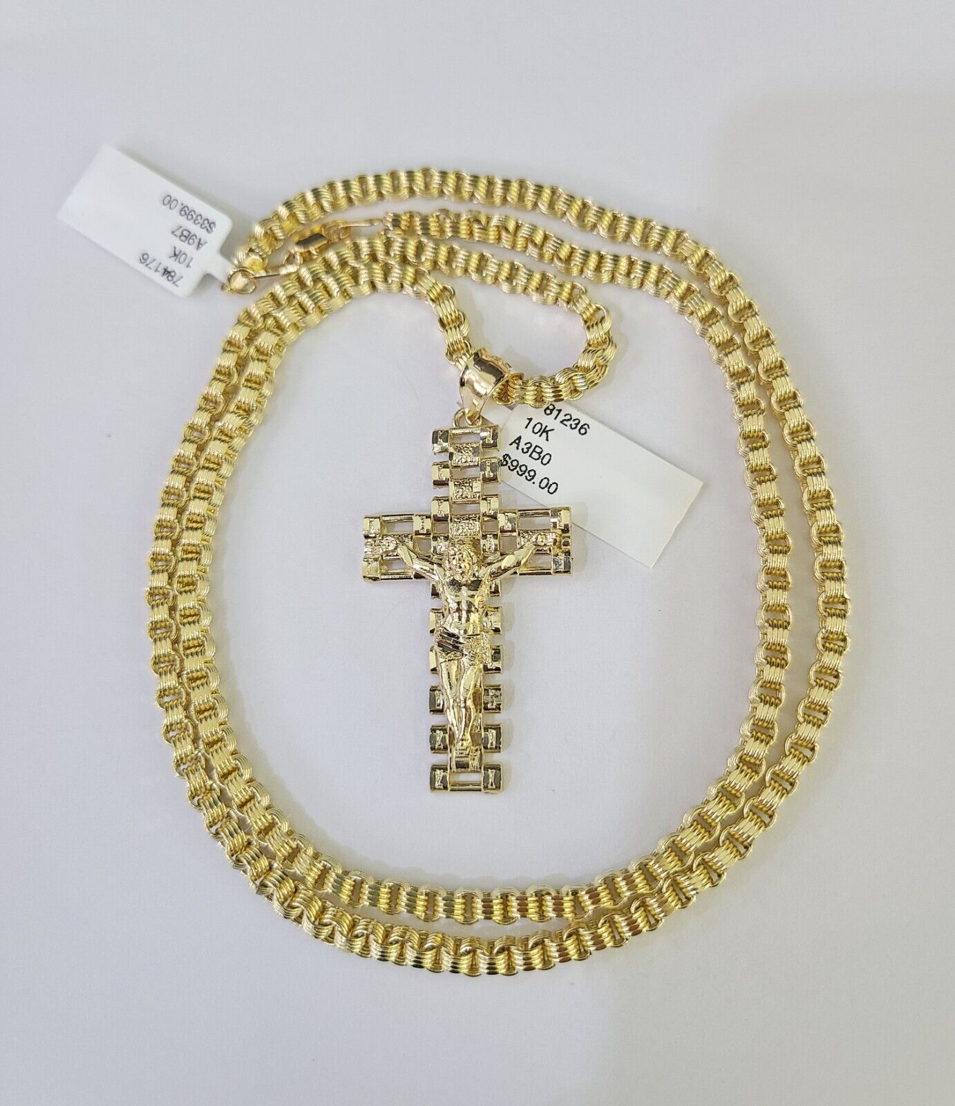 10k Gold Byzantine Necklace Jesus Cross Charm 18 - 28 inch 3mm SET Chain Pendant - GoldenlinQ