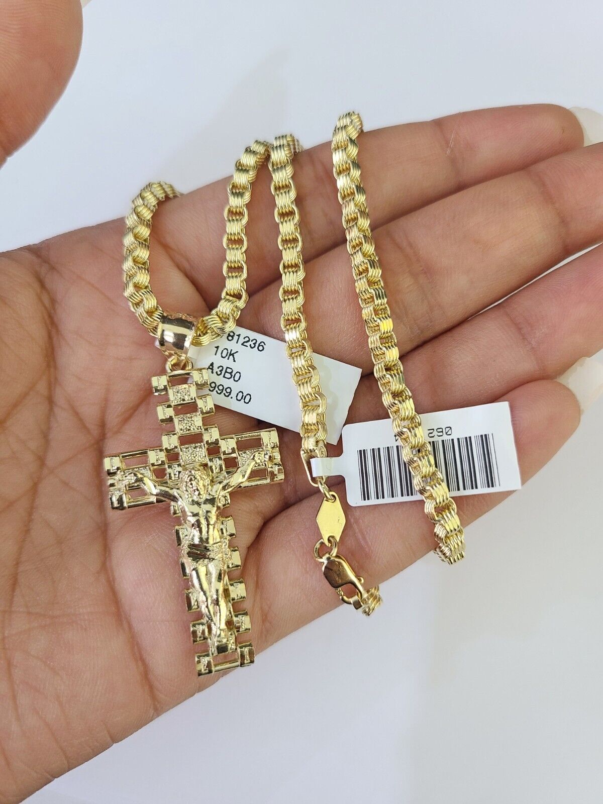 10k Gold Byzantine Necklace Jesus Cross Charm 18 - 28 inch 3mm SET Chain Pendant - GoldenlinQ