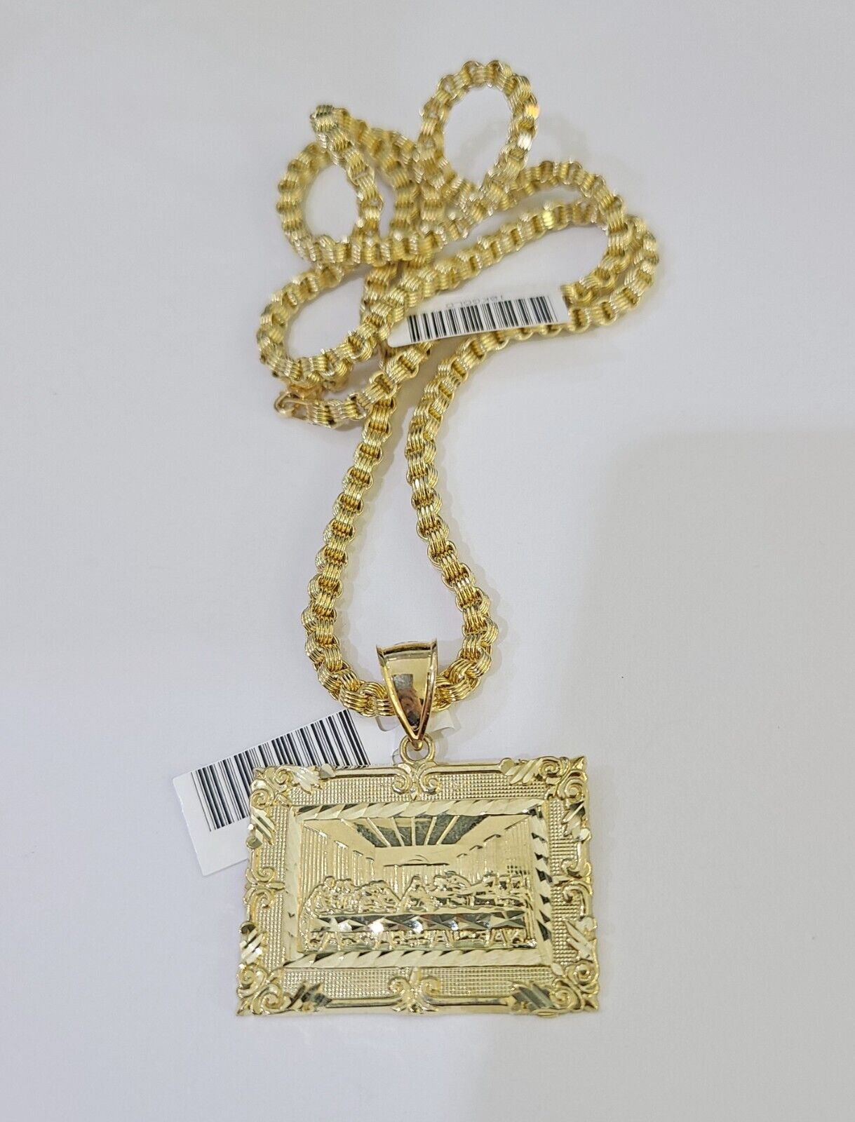 10k Gold Byzantine Necklace Last Supper Charm 18 - 26 inches 3mm REAL SET Chain - GoldenlinQ