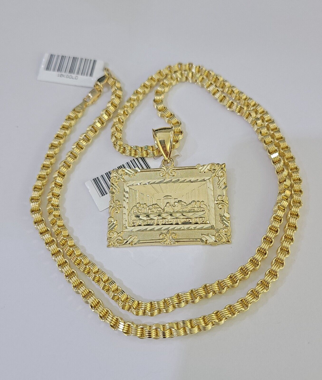 10k Gold Byzantine Necklace Last Supper Charm 18 - 26 inches 3mm REAL SET Chain - GoldenlinQ