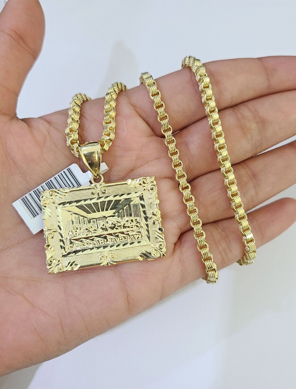 10k Gold Byzantine Necklace Last Supper Charm 18 - 26 inches 3mm REAL SET Chain - GoldenlinQ