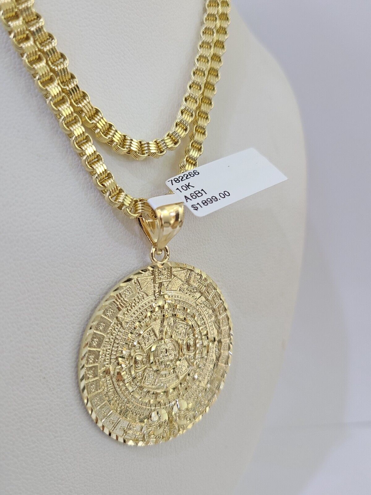 10k Gold Byzantine Necklace Mayan Calendar Charm 18-26 inches 3mm