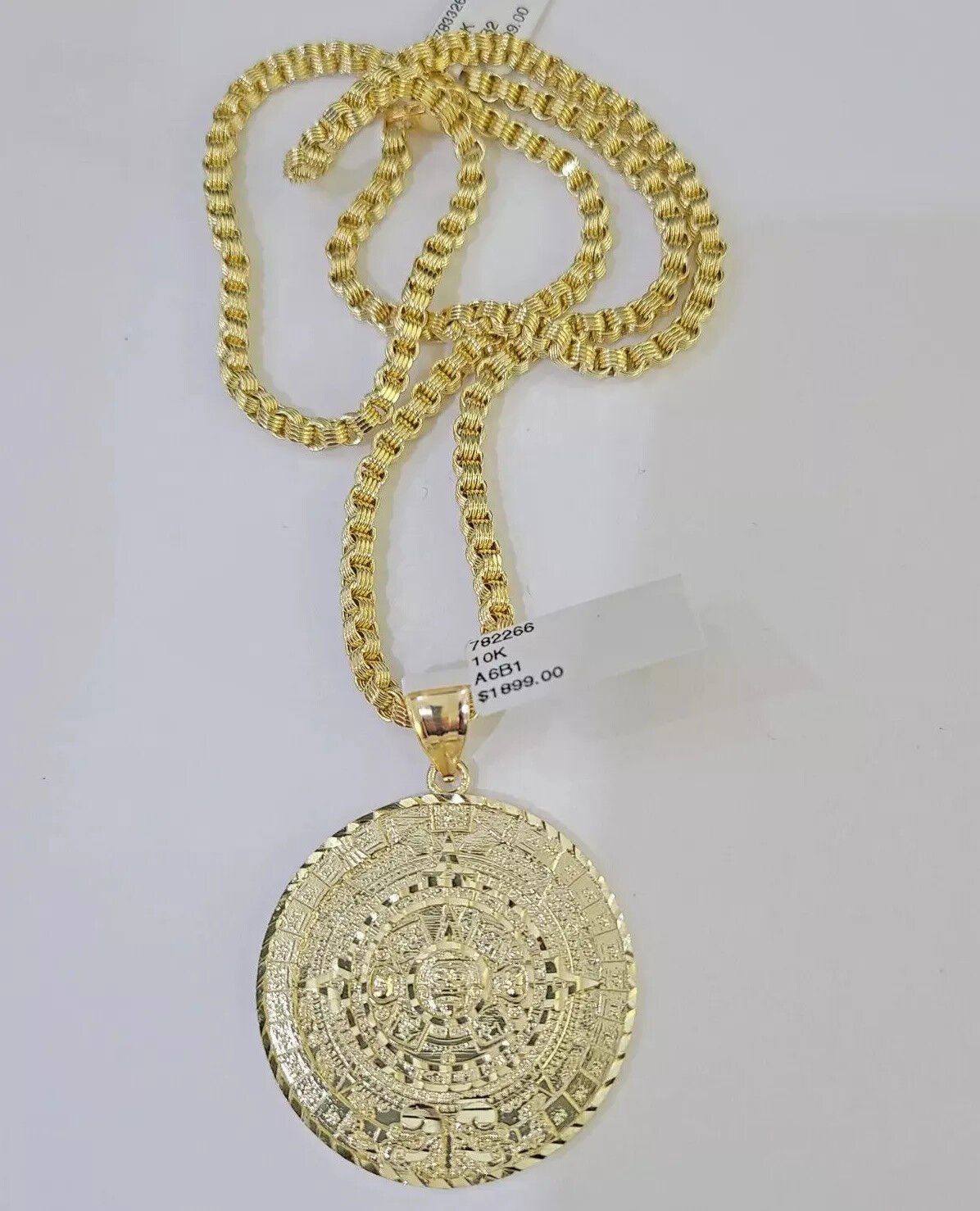 10k Gold Byzantine Necklace Mayan Calendar charm Pendant REAL 10kt Men's SET - GoldenlinQ