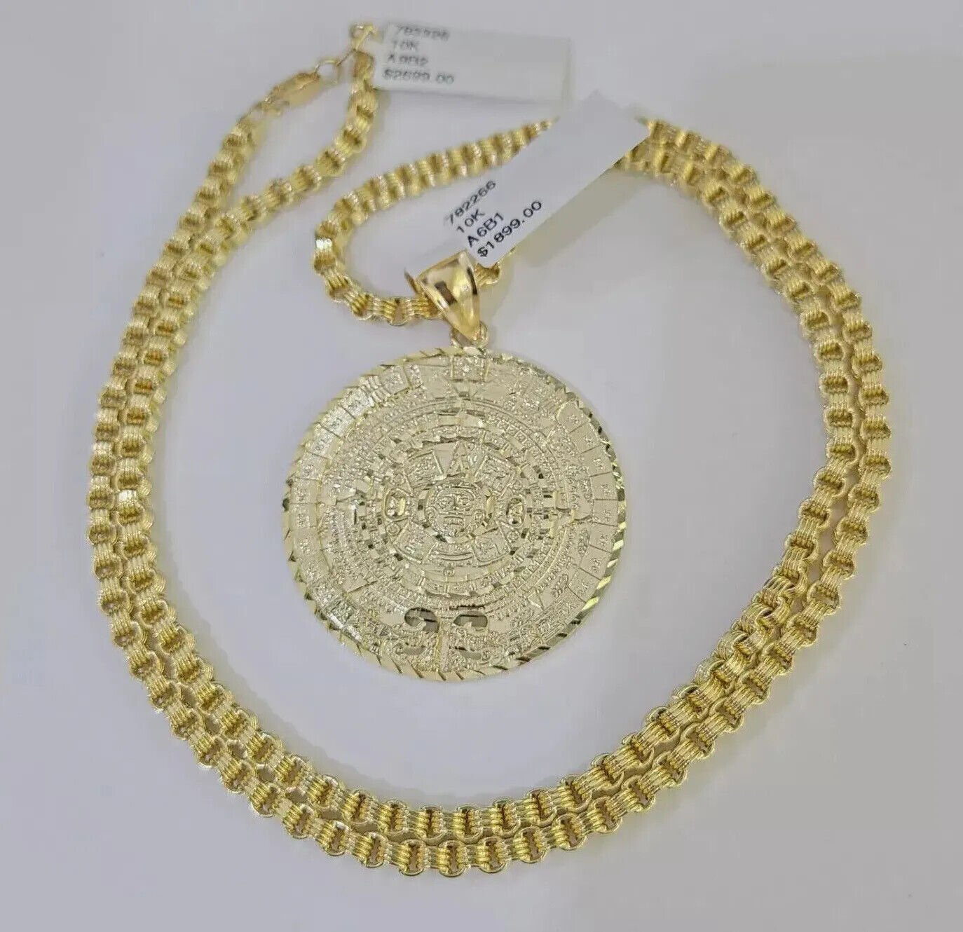 10k Gold Byzantine Necklace Mayan Calendar charm Pendant REAL 10kt Men's SET - GoldenlinQ