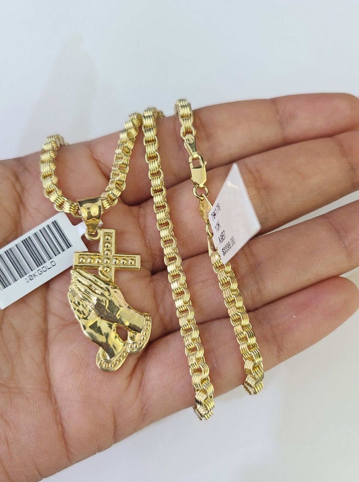 10k Gold Byzantine Necklace Praying Hands Charm 18 - 28 inch 3mm SET Chain Pendant - GoldenlinQ