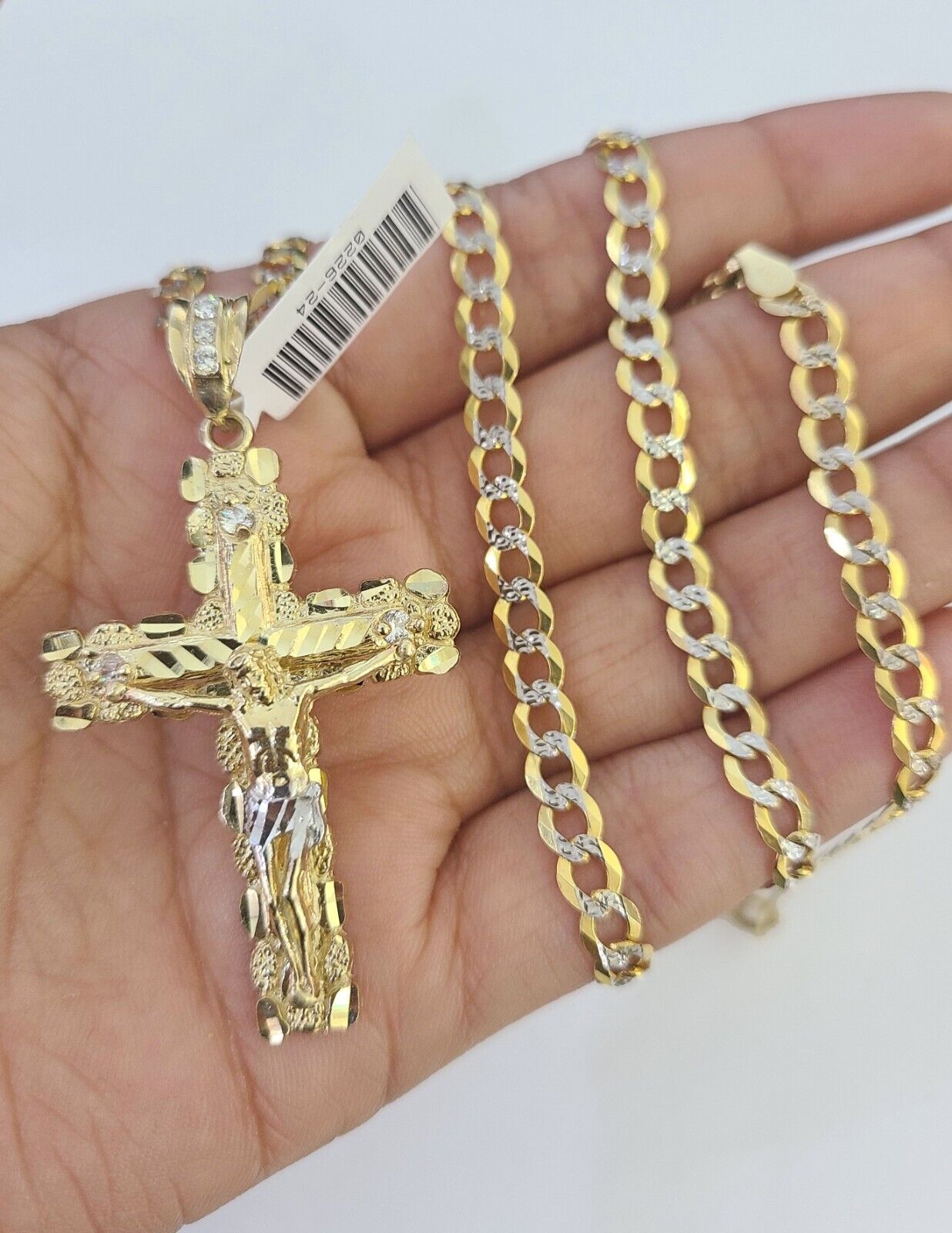 10k Gold Chain Cross Charm Solid Cuban Curb Link 5mm 18" - 28" Inch DiamondCut SET - GoldenlinQ