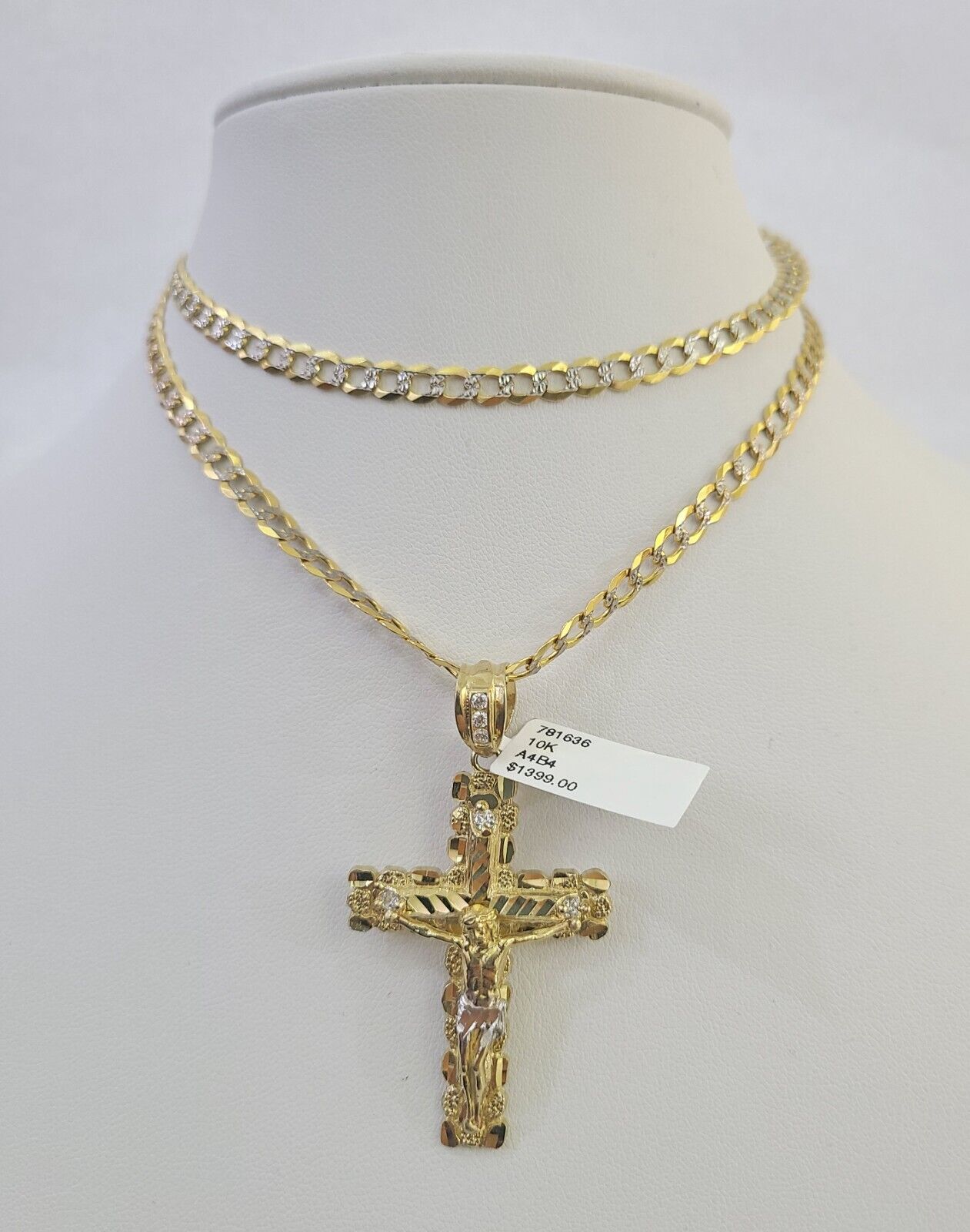 10k Gold Chain Cross Charm Solid Cuban Curb Link 5mm 18" - 28" Inch DiamondCut SET - GoldenlinQ