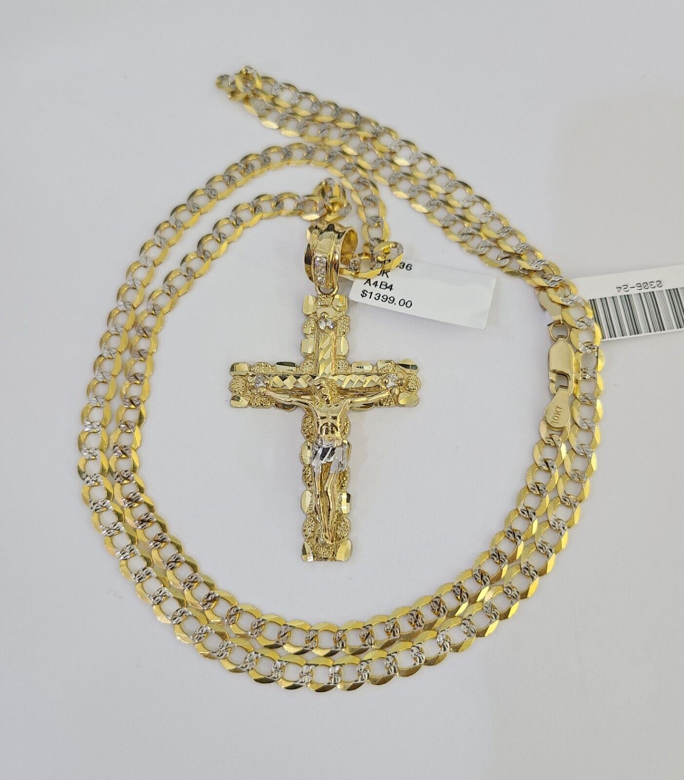 10k Gold Chain Cross Charm Solid Cuban Curb Link 5mm 18" - 28" Inch DiamondCut SET - GoldenlinQ