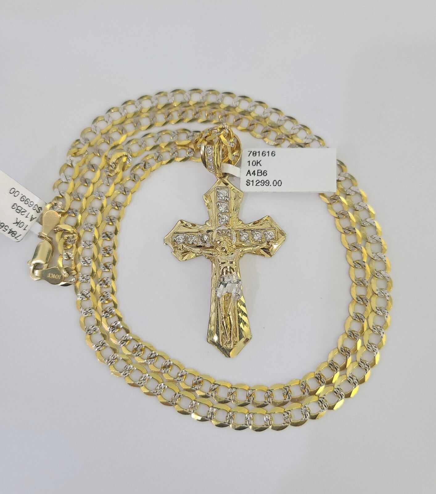 10k Gold Chain Cross Charm Solid Cuban Curb Link 5mm 18" - 28" Inch DiamondCut SET - GoldenlinQ