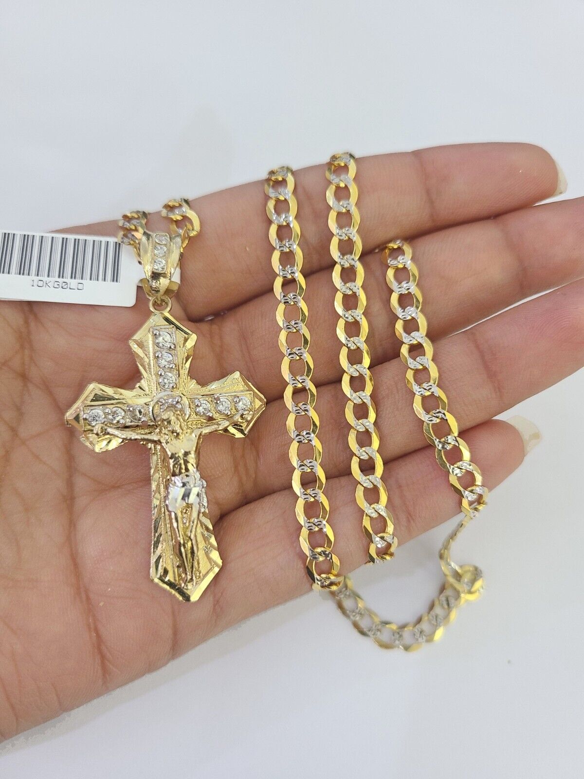 10k Gold Chain Cross Charm Solid Cuban Curb Link 5mm 18" - 28" Inch DiamondCut SET - GoldenlinQ