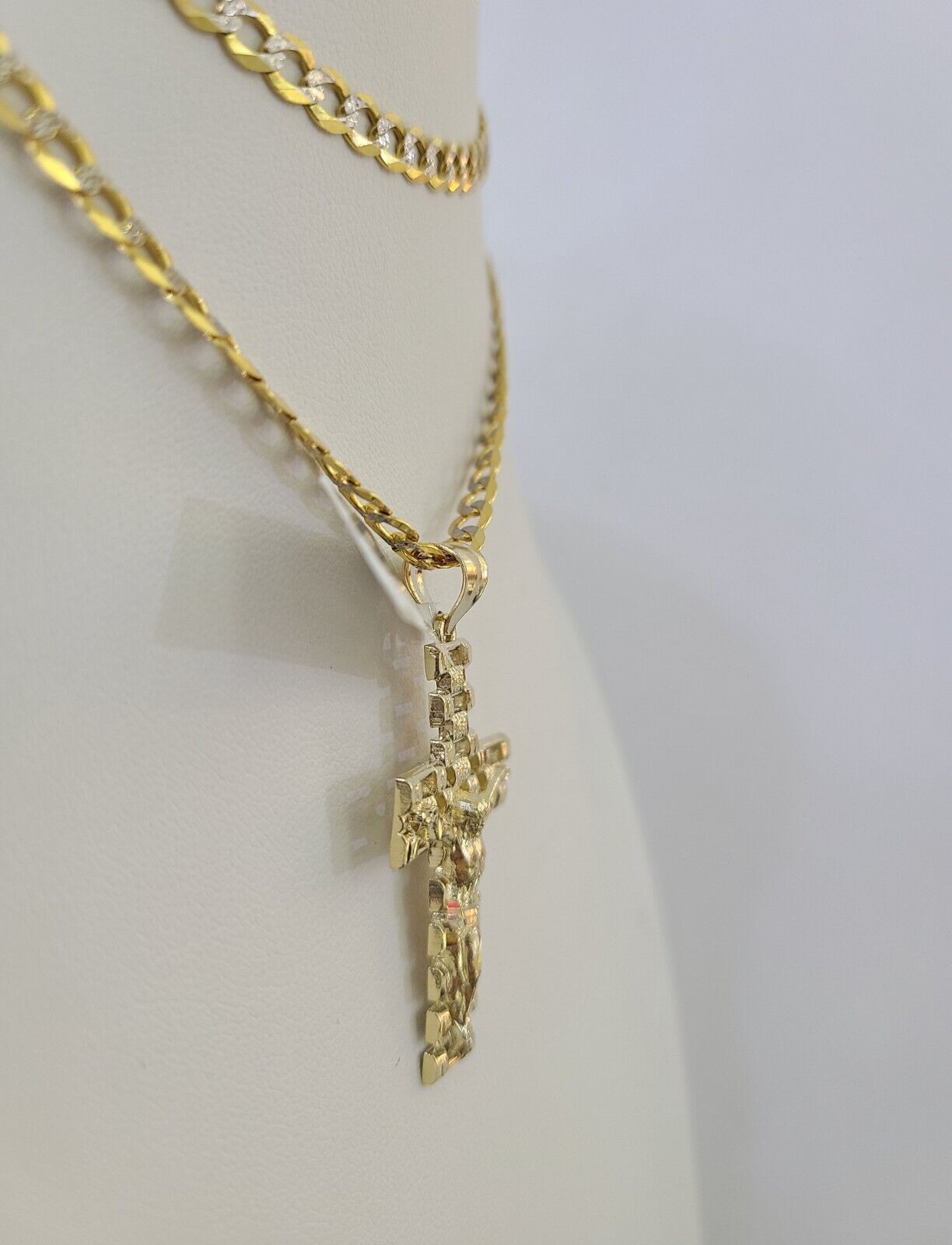 10k Gold Chain Cross Charm Solid Cuban Curb Link 5mm 18" - 28" Inch DiamondCut SET - GoldenlinQ