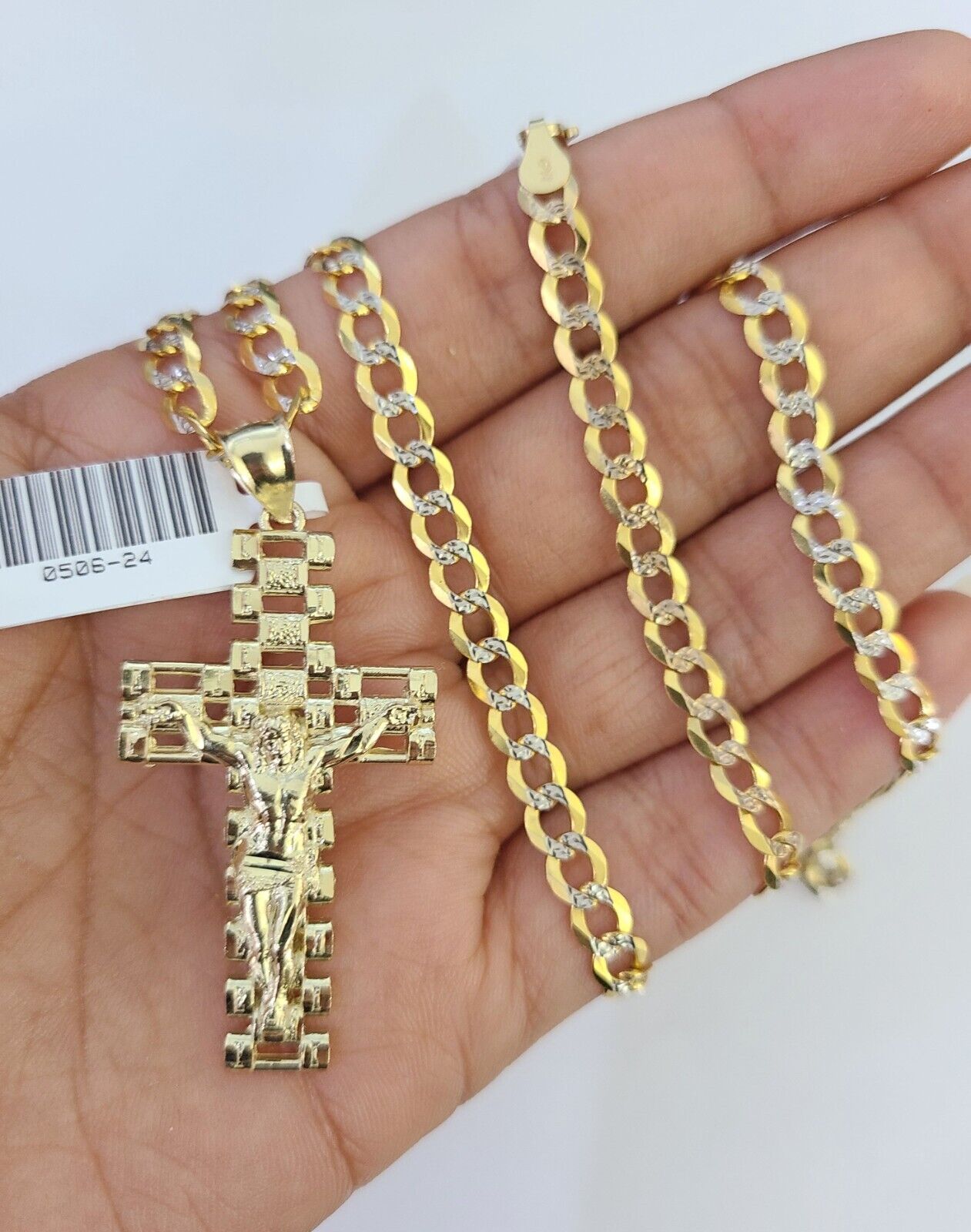 10k Gold Chain Cross Charm Solid Cuban Curb Link 5mm 18" - 28" Inch DiamondCut SET - GoldenlinQ