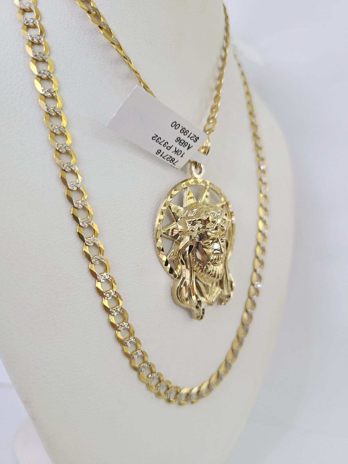 10k Gold Chain Jesus Head Charm Solid Cuban Curb Link 5mm 18" - 28" Inch SET - GoldenlinQ