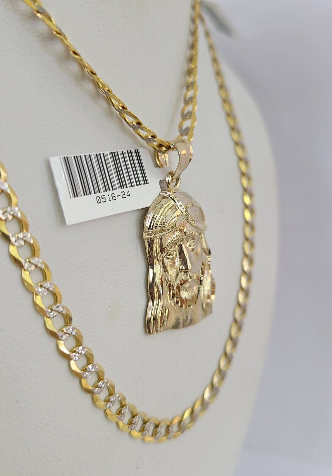 10k Gold Chain Jesus Head Charm Solid Cuban Curb Link 5mm 18" - 28" Inch SET - GoldenlinQ