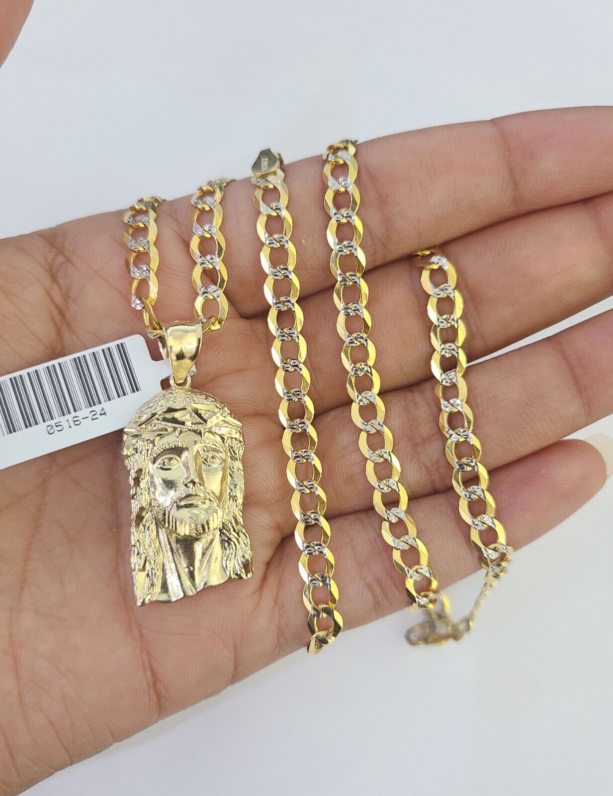 10k Gold Chain Jesus Head Charm Solid Cuban Curb Link 5mm 18" - 28" Inch SET - GoldenlinQ