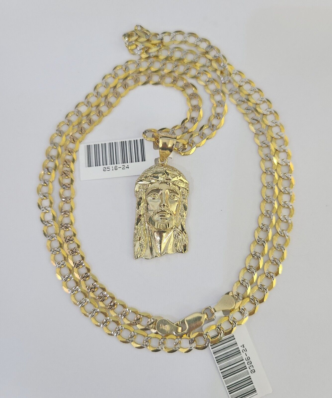 10k Gold Chain Jesus Head Charm Solid Cuban Curb Link 5mm 18" - 28" Inch SET - GoldenlinQ