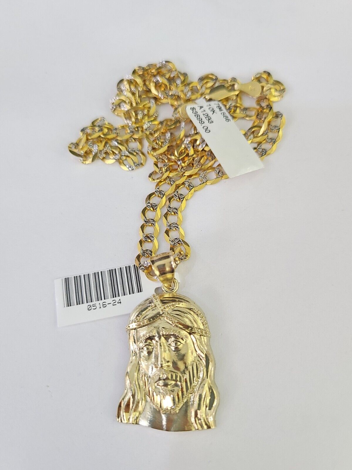 10k Gold Chain Jesus Head Charm Solid Cuban Curb Link 5mm 18" - 28" Inch SET - GoldenlinQ