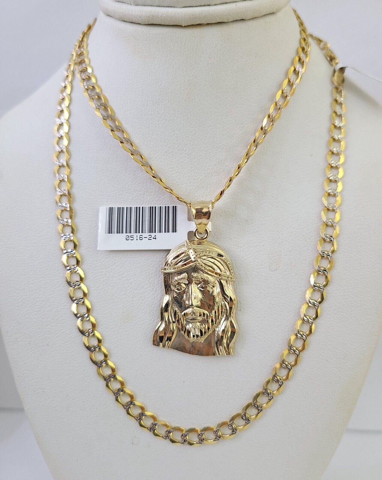 10k Gold Chain Jesus Head Charm Solid Cuban Curb Link 5mm 18" - 28" Inch SET - GoldenlinQ