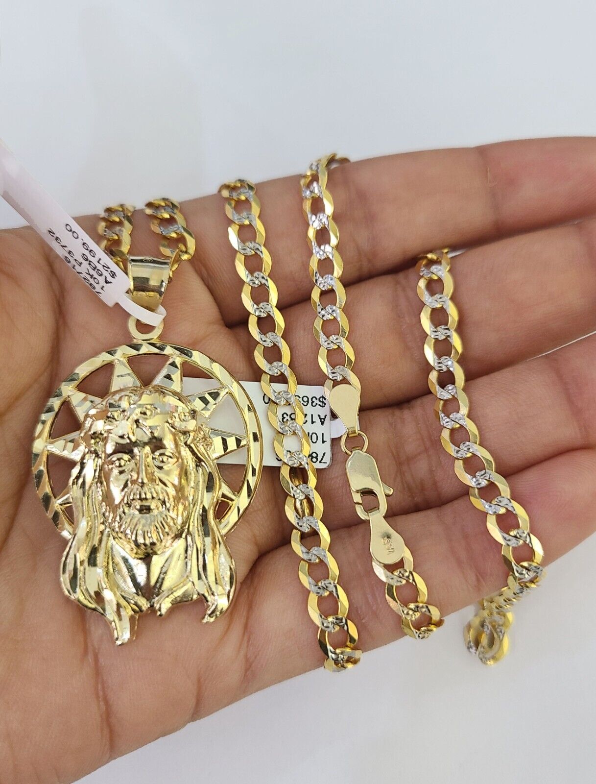 10k Gold Chain Jesus Head Charm Solid Cuban Curb Link 5mm 18" - 28" Inch SET - GoldenlinQ