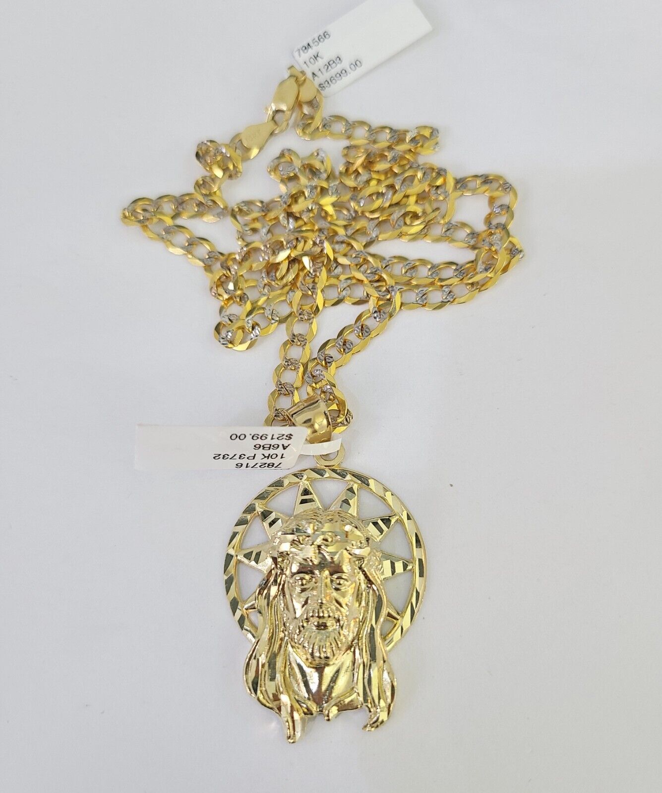 10k Gold Chain Jesus Head Charm Solid Cuban Curb Link 5mm 18" - 28" Inch SET - GoldenlinQ