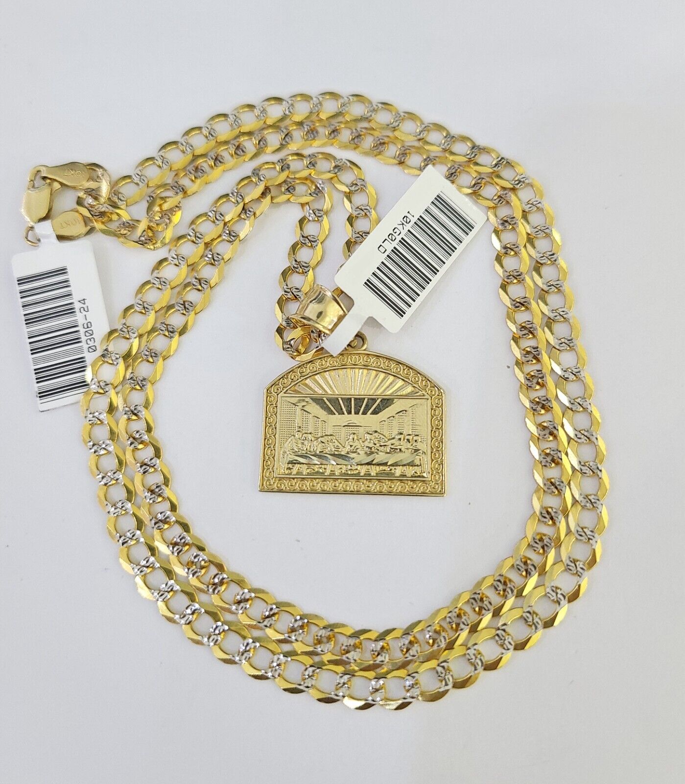 10k Gold Chain Last Supper Charm Solid Cuban Curb Link 5mm 18" - 28" Inch SET - GoldenlinQ
