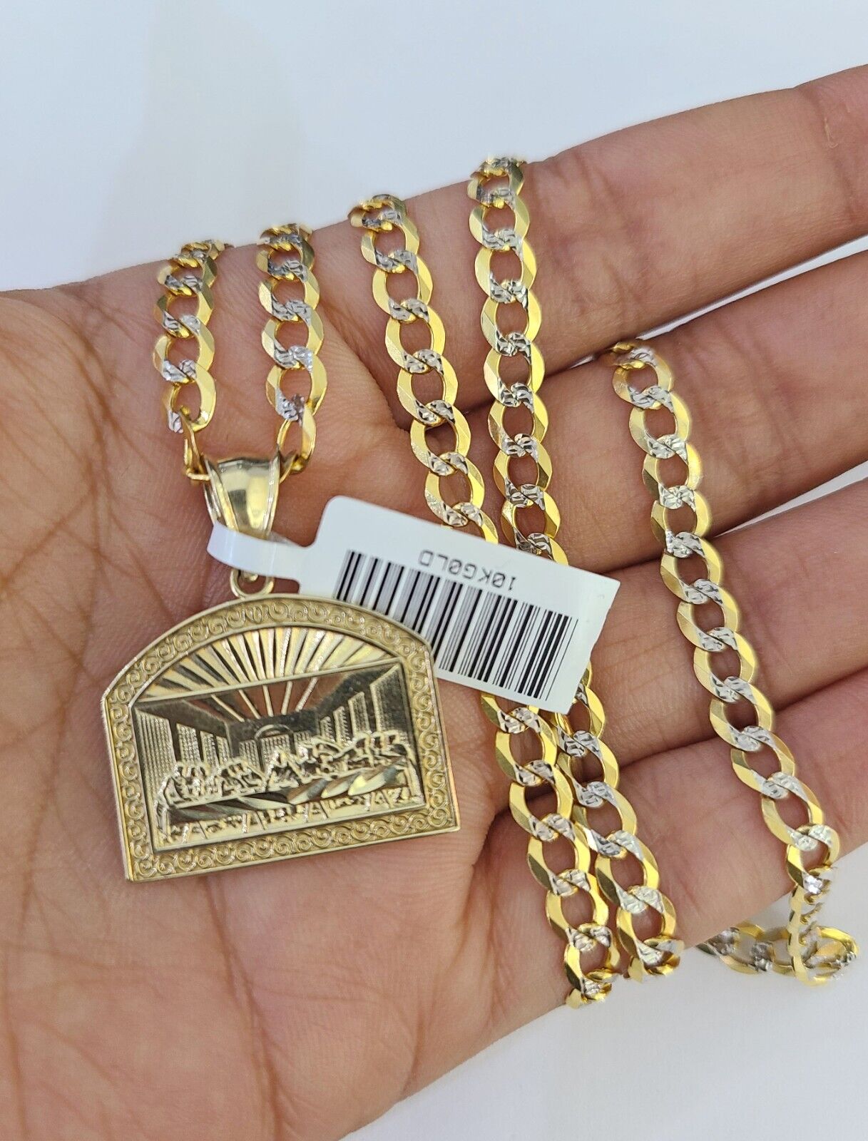 10k Gold Chain Last Supper Charm Solid Cuban Curb Link 5mm 18" - 28" Inch SET - GoldenlinQ