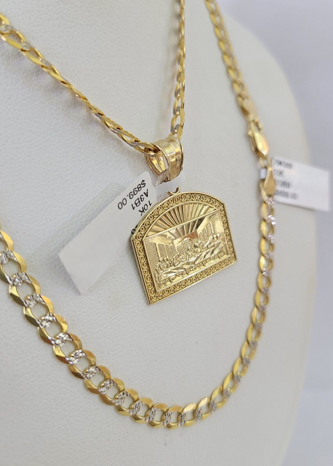 10k Gold Chain Last Supper Charm Solid Cuban Curb Link 5mm 18" - 28" Inch SET - GoldenlinQ