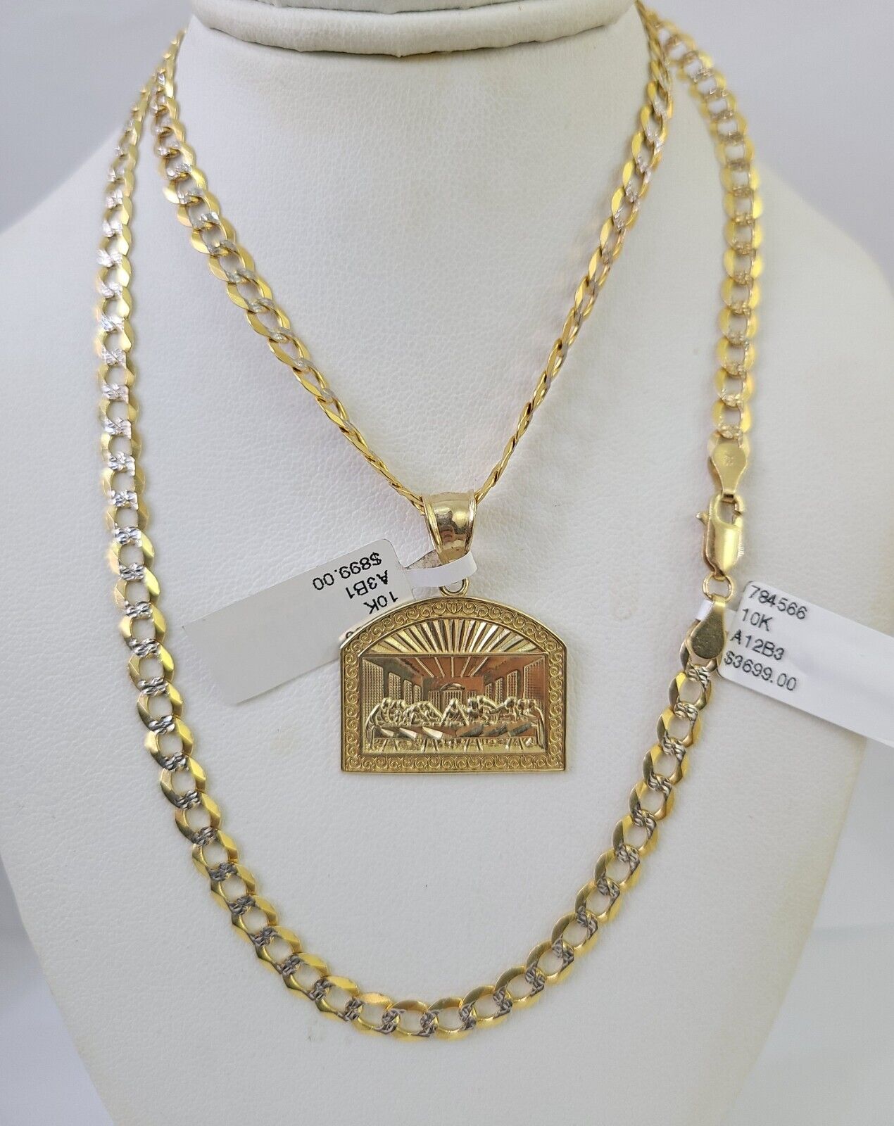 10k Gold Chain Last Supper Charm Solid Cuban Curb Link 5mm 18" - 28" Inch SET - GoldenlinQ