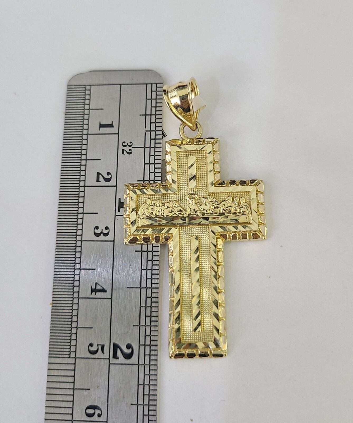 10k Gold Chain Last Supper Cross Charm Solid Cuban Curb 5mm 18" - 28" Inch SET - GoldenlinQ