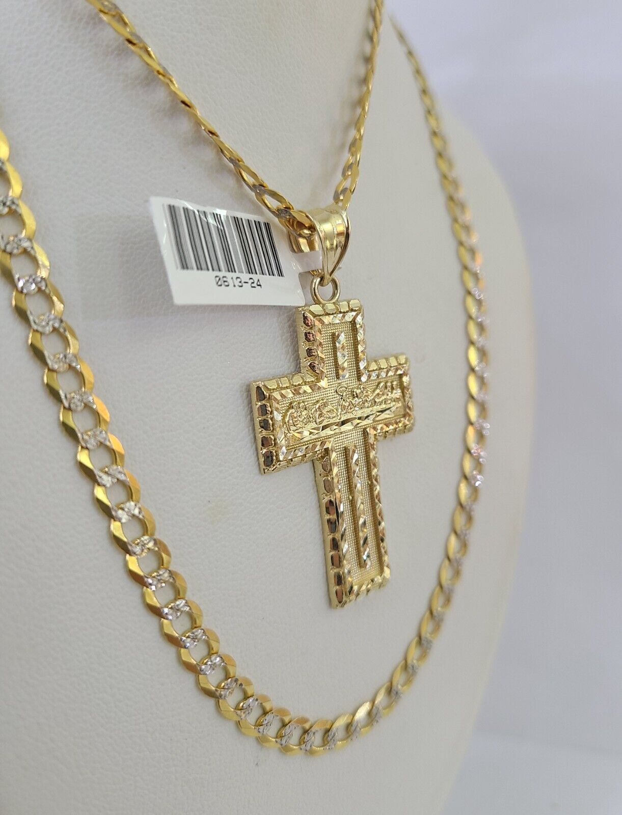 10k Gold Chain Last Supper Cross Charm Solid Cuban Curb 5mm 18" - 28" Inch SET - GoldenlinQ