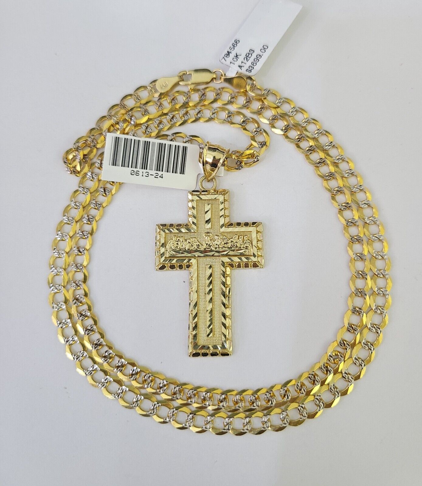 10k Gold Chain Last Supper Cross Charm Solid Cuban Curb 5mm 18" - 28" Inch SET - GoldenlinQ