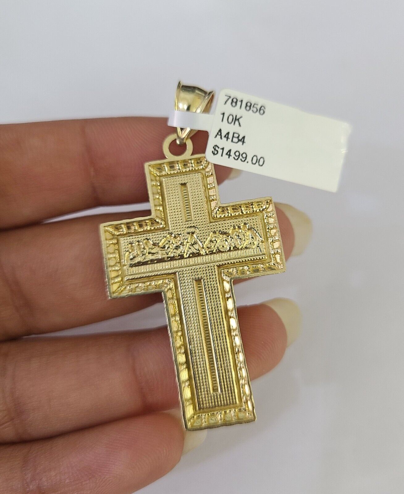 10k Gold Chain Last Supper Cross Charm Solid Cuban Curb 5mm 18" - 28" Inch SET - GoldenlinQ