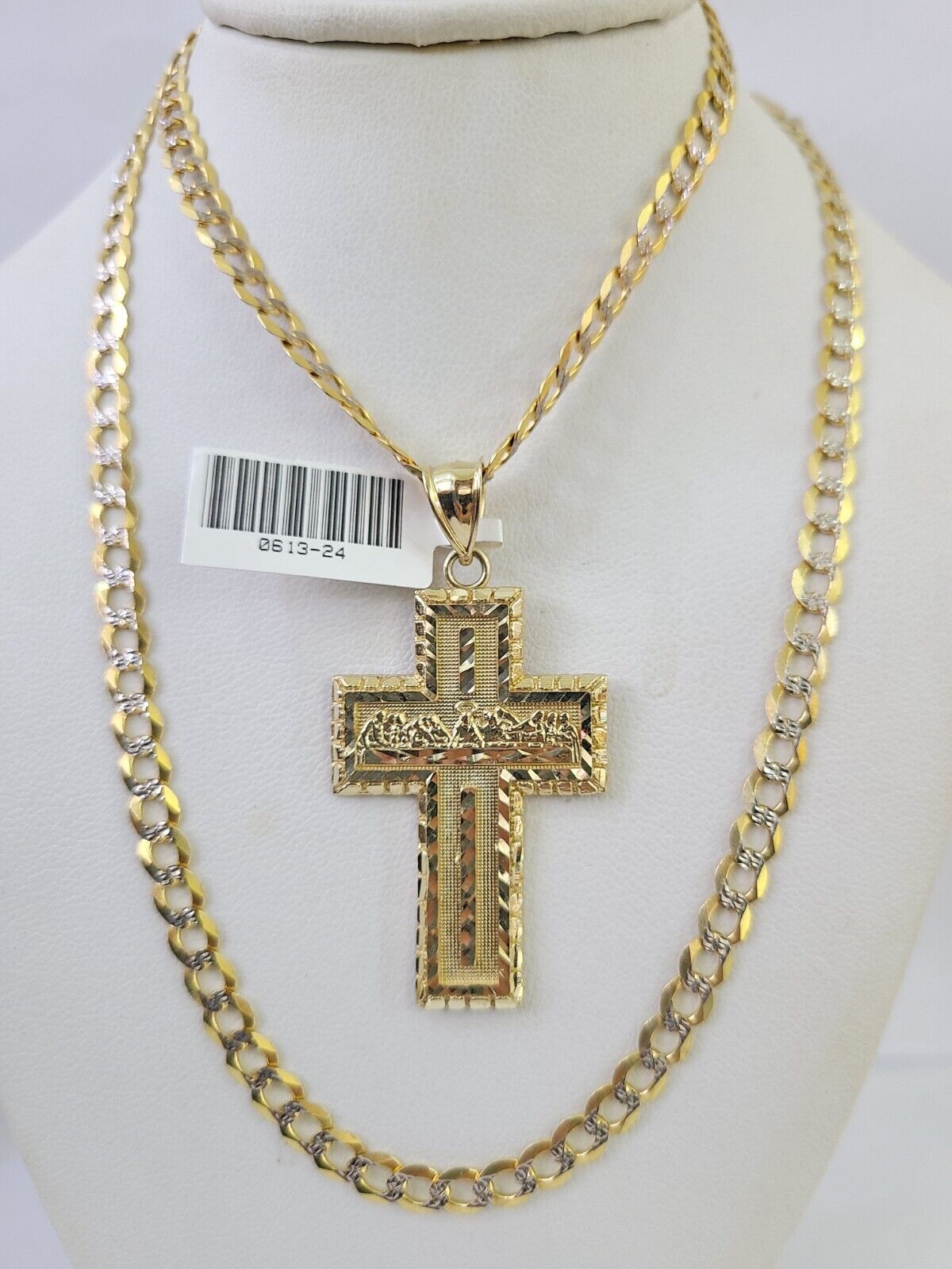 10k Gold Chain Last Supper Cross Charm Solid Cuban Curb 5mm 18" - 28" Inch SET - GoldenlinQ
