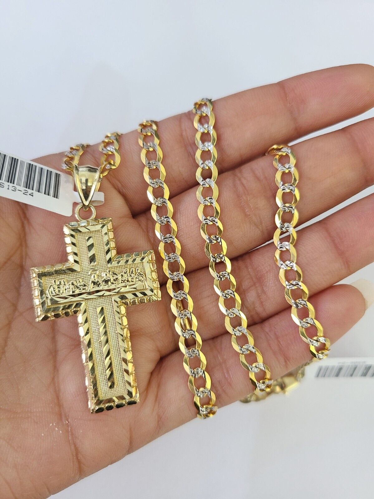 10k Gold Chain Last Supper Cross Charm Solid Cuban Curb 5mm 18" - 28" Inch SET - GoldenlinQ