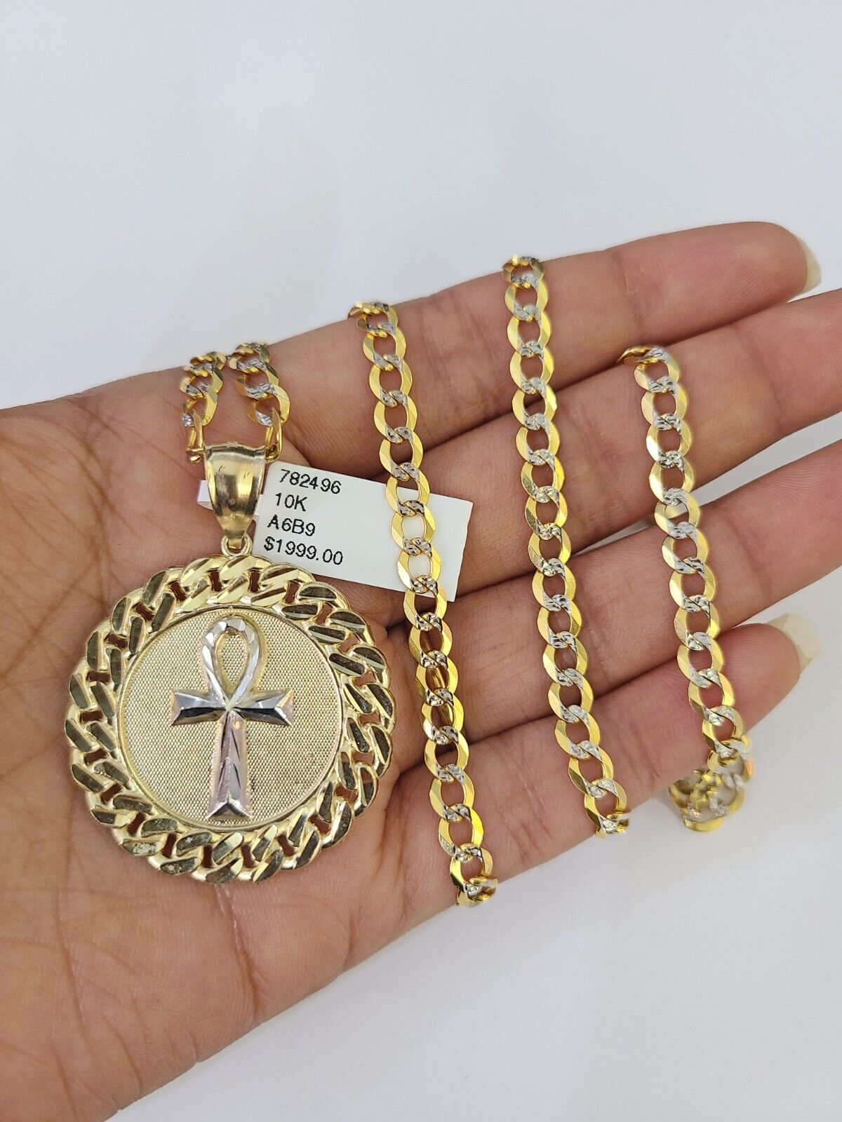 10k Gold Chain Medallion Ankh Charm Solid Cuban Curb Link 5mm 18" - 28" Inch SET - GoldenlinQ
